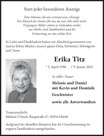 Traueranzeigen Von Erika Titz WirTrauern