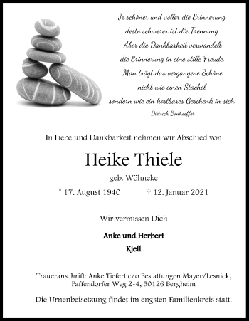 Traueranzeigen Von Heike Thiele WirTrauern