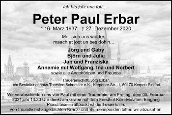 Traueranzeigen Von Peter Paul Erbar Wirtrauern