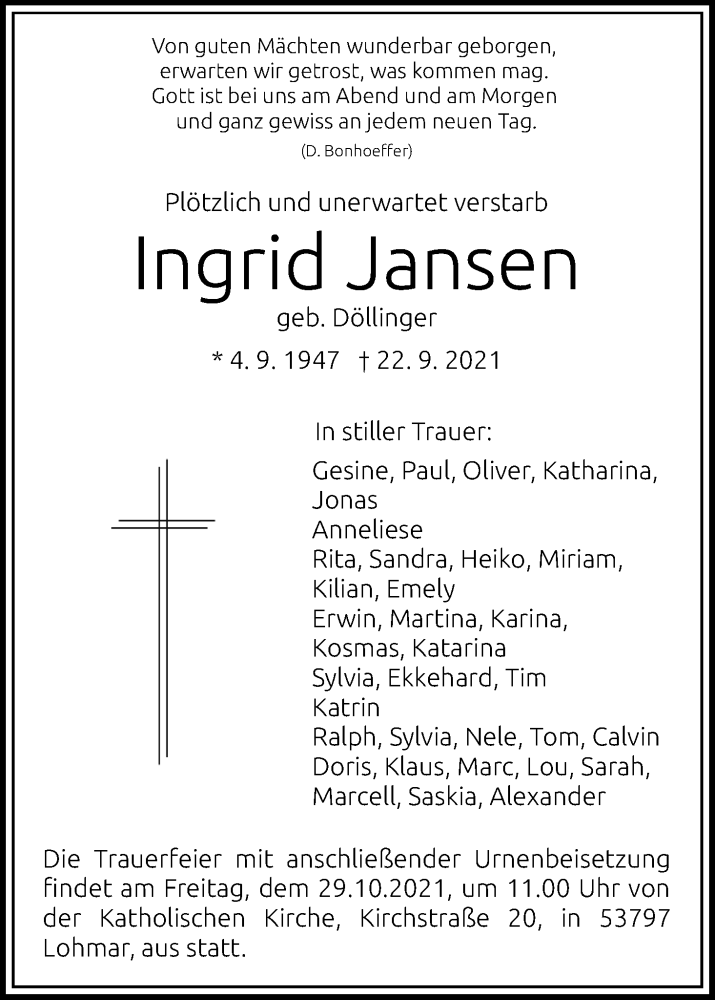 Traueranzeigen Von Ingrid Jansen WirTrauern