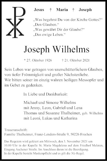 Traueranzeigen Von Joseph Wilhelms WirTrauern