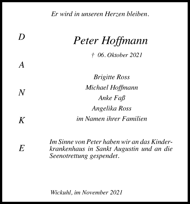 Traueranzeigen Von Peter Hoffmann WirTrauern