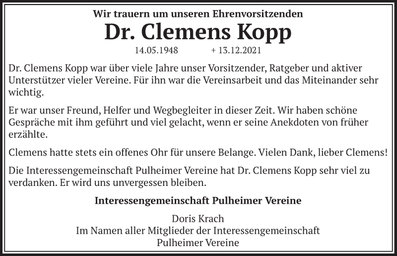 Traueranzeigen Von Clemens Kopp WirTrauern