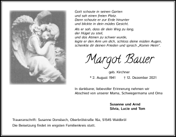 Anzeige von Margot Bauer von Kölner Stadt-Anzeiger / Kölnische Rundschau / Express
