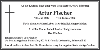 Traueranzeigen Von Artur Fischer WirTrauern