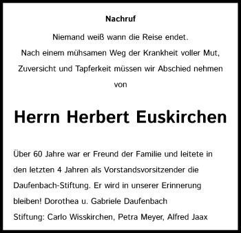 Anzeige von Herbert Euskirchen von Kölner Stadt-Anzeiger / Kölnische Rundschau / Express