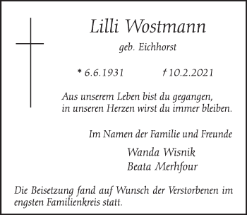 Traueranzeigen Von Lilli Wostmann Wirtrauern