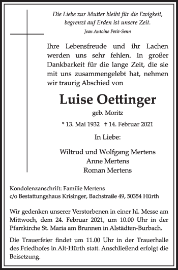 Traueranzeigen Von Luise Oettinger WirTrauern