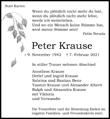 Traueranzeigen Von Peter Krause Wirtrauern