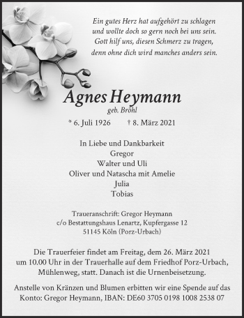 Traueranzeigen Von Agnes Heymann WirTrauern