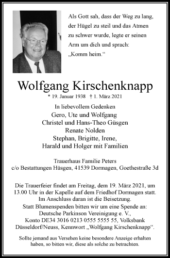 Traueranzeigen Von Wolfgang Kirschenknapp WirTrauern