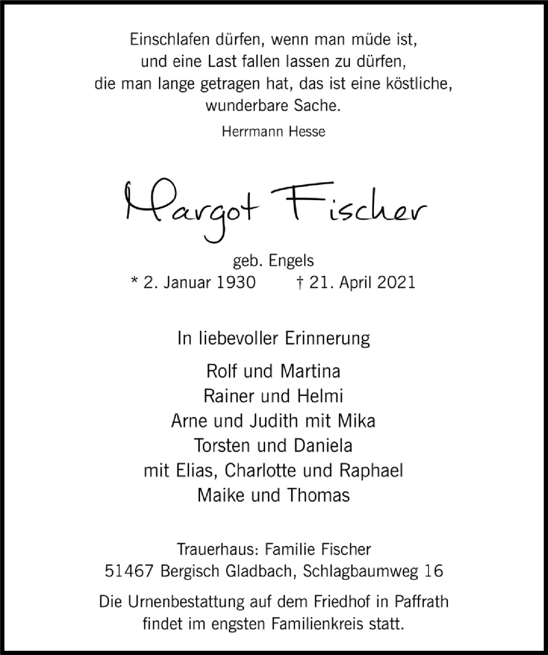 Traueranzeigen Von Margot Fischer Wirtrauern