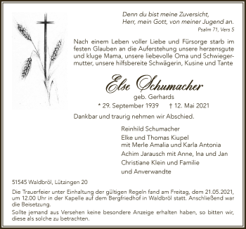 Anzeige von Else Schumacher von  Lokalanzeiger 