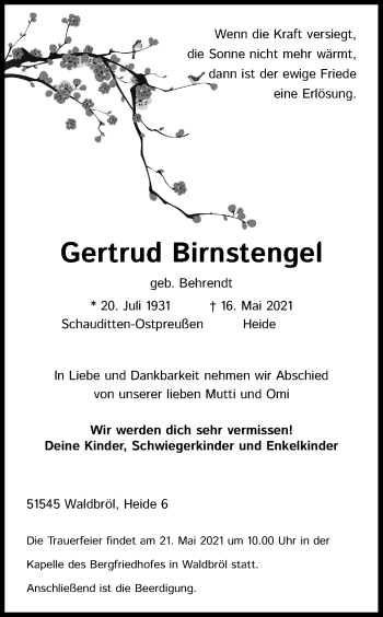 Anzeige von Gertrud Birnstengel von Kölner Stadt-Anzeiger / Kölnische Rundschau / Express