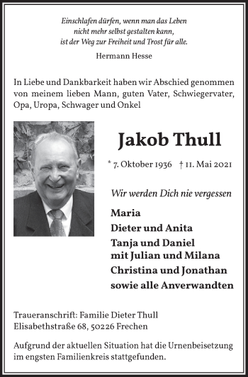 Traueranzeigen Von Jakob Thull WirTrauern