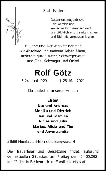 Anzeige von Rolf Götz von Kölner Stadt-Anzeiger / Kölnische Rundschau / Express