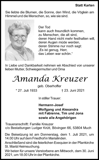 Traueranzeigen Von Amanda Kreuzer WirTrauern