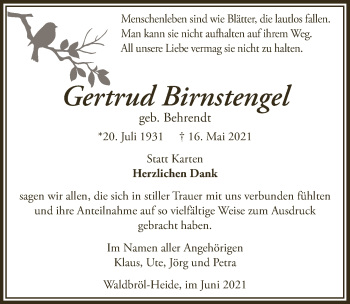 Anzeige von Gertrud Birnstengel von  Lokalanzeiger 