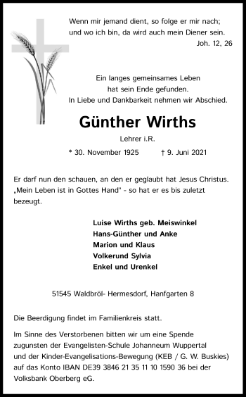 Anzeige von Günther Wirths von Kölner Stadt-Anzeiger / Kölnische Rundschau / Express
