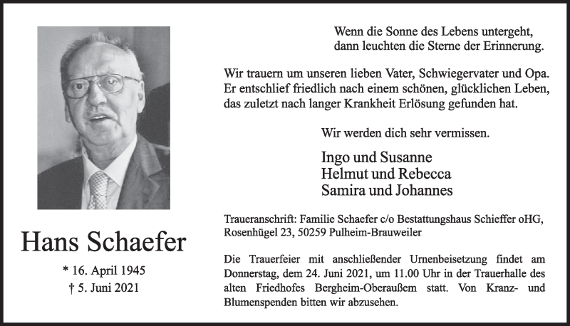 Traueranzeigen Von Hans Schaefer Wirtrauern