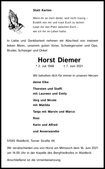 Anzeige von Horst Diemer von Kölner Stadt-Anzeiger / Kölnische Rundschau / Express