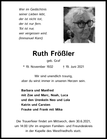 Traueranzeigen von Ruth Frößler WirTrauern