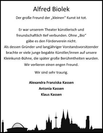 Anzeige von Alfred Biolek von Kölner Stadt-Anzeiger / Kölnische Rundschau / Express