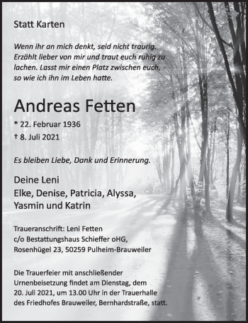 Traueranzeigen Von Andreas Fetten Wirtrauern