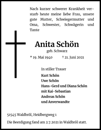 Anzeige von Anita Schön von Kölner Stadt-Anzeiger / Kölnische Rundschau / Express