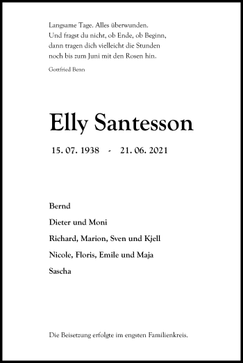 Traueranzeigen Von Elly Santesson WirTrauern