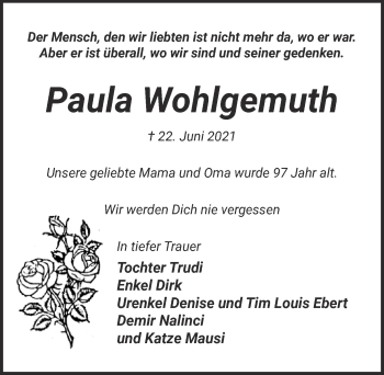 Traueranzeigen Von Paula Wohlgemuth Wirtrauern