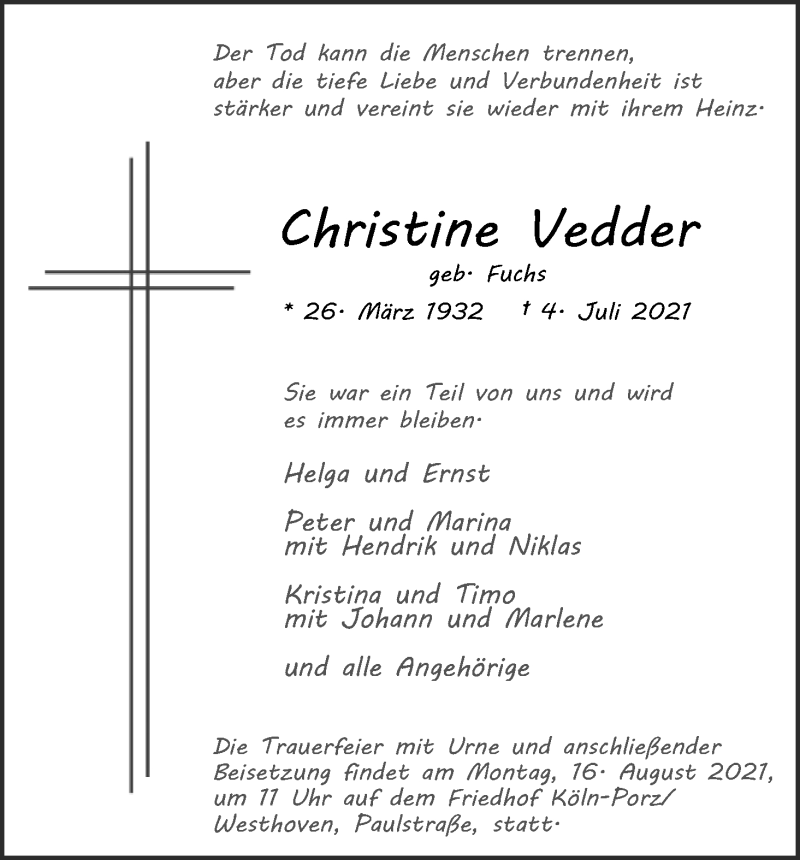 Traueranzeigen Von Christine Vedder WirTrauern