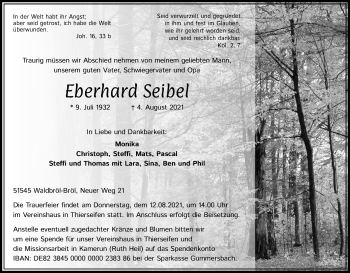 Traueranzeigen Von Eberhard Seibel WirTrauern