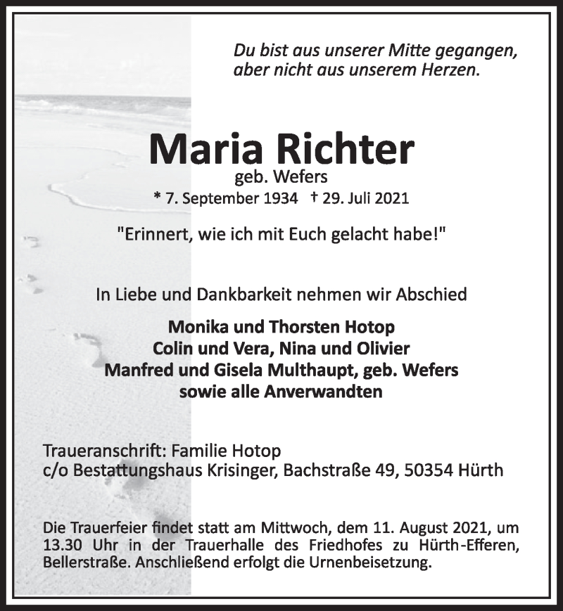 Traueranzeigen Von Maria Richter Wirtrauern