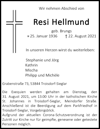 Traueranzeigen Von Resi Hellmund WirTrauern