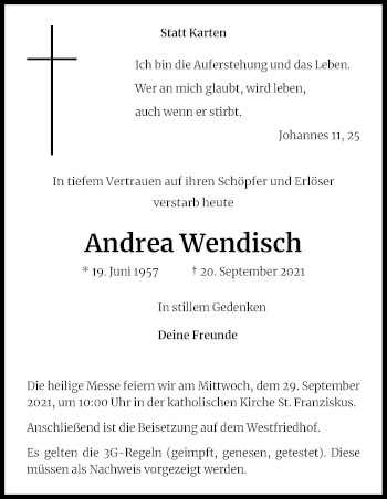 Traueranzeigen Von Andrea Wendisch Wirtrauern