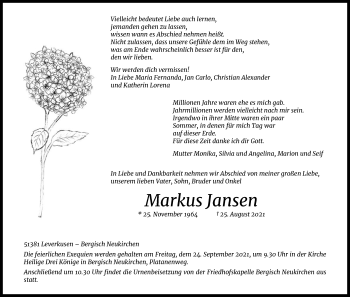 Traueranzeigen Von Markus Jansen WirTrauern