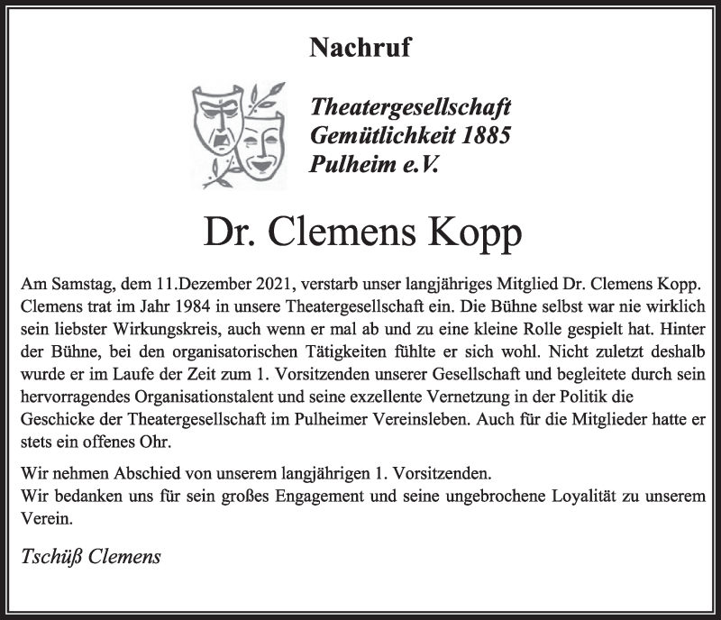 Traueranzeigen Von Clemens Kopp WirTrauern