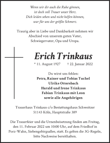 Traueranzeigen Von Erich Trinkaus WirTrauern