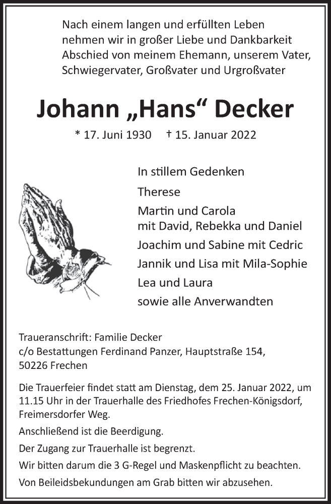 Traueranzeigen Von Johann Decker WirTrauern