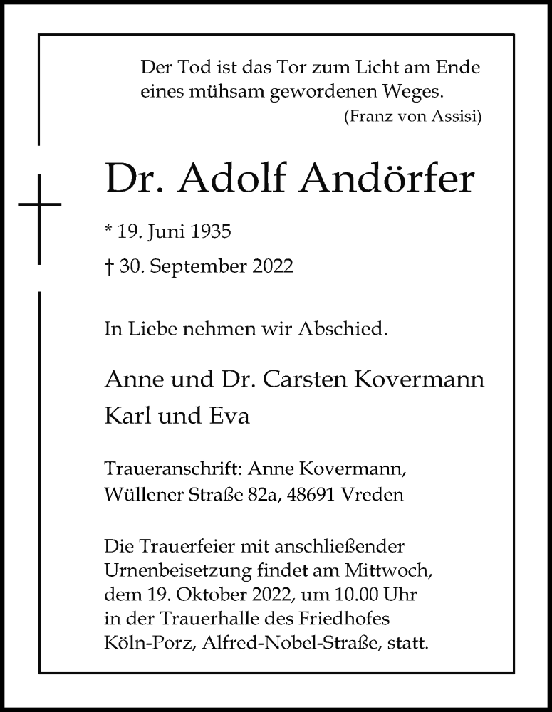 Traueranzeigen von Adolf Andörfer WirTrauern