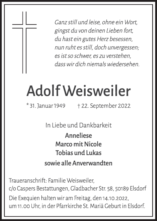 Traueranzeigen Von Adolf Weisweiler Wirtrauern