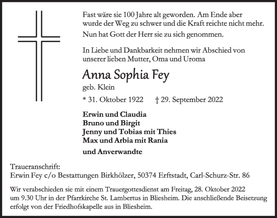 Traueranzeigen Von Anna Sophia Fey Wirtrauern