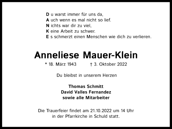 Traueranzeigen Von Anneliese Mauer Klein WirTrauern