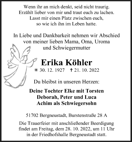 Traueranzeigen von Erika Köhler WirTrauern