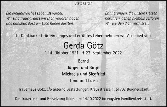 Traueranzeigen von Gerda Götz WirTrauern