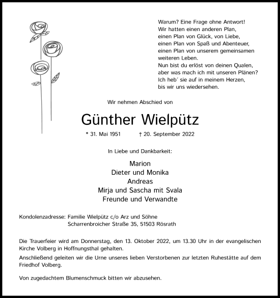 Traueranzeigen von Günther Wielpütz WirTrauern