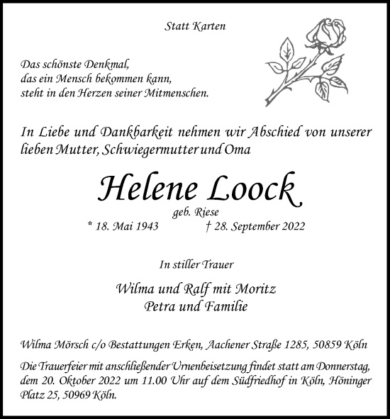 Traueranzeigen Von Helene Loock Wirtrauern