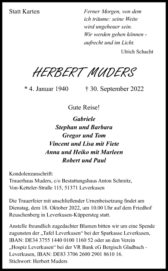 Traueranzeigen Von Herbert Muders Wirtrauern