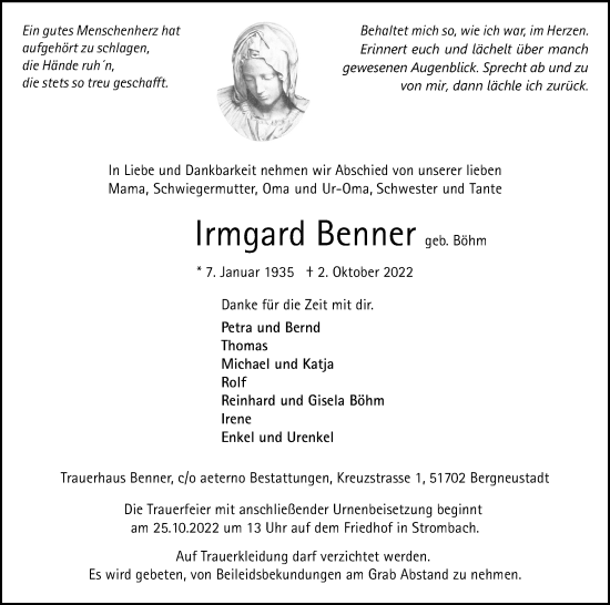 Traueranzeigen Von Irmgard Benner Wirtrauern